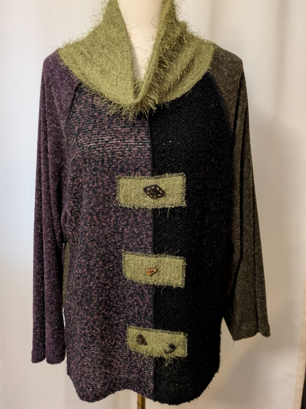 Hand Jive Fuzzy Trim Colorblock Women's Sweater in Olive, Plum, and Black